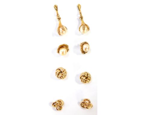 Four pairs of 9ct gold earrings, comprising cultured pearl claw drops, cultured pearl floral studs, four row knot earrings, a