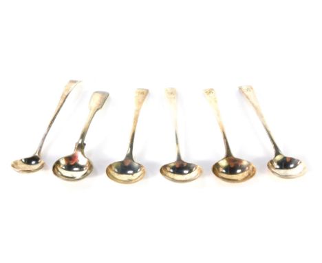 Six silver spoons, comprising a set of five miniature toddy ladles, bearing initials R, various dates, and an additional Vict