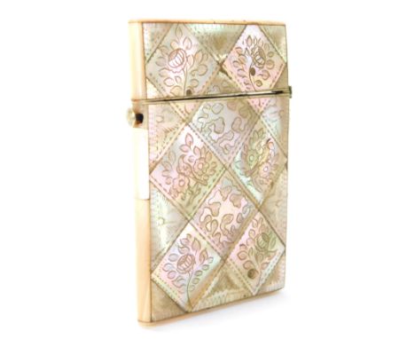 A Victorian mother of pearl inlaid card case, with diamond shaped floral engraved panels, 9cm x 5cm.