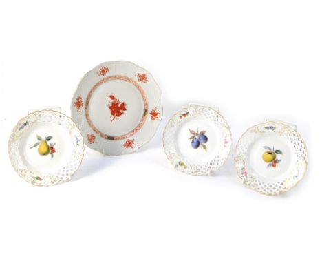 Four cabinet plates, comprising three Meissen ribbon plates, 15cm diameter, and a Dresden 1955 cabinet plate, with fluted and