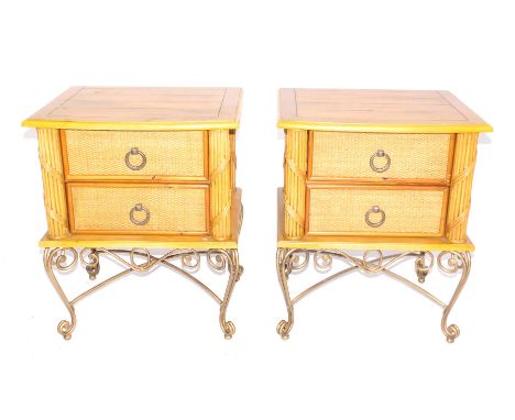 A pair of Chinese bedside tables, with boarded tops, each with raffia drawers and gilt wrought metal scroll legs, 56cm wide. 