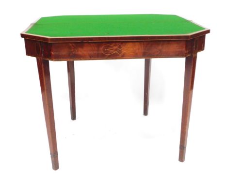 A George III mahogany card table, with canted rectangular folding top, cross banded and satinwood strung, on square taper leg