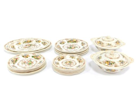 A Ridgway Pottery Apple Blossom part dinner service, comprising two tureens and lids, two meat plates, five dinner plates, fi