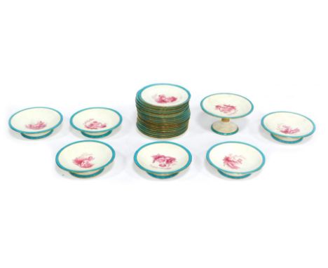 A 19thC Minton porcelain dessert service, with a turquoise and gilt border and central transfer printed purple putti figure, 