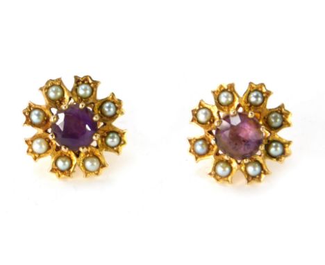 A pair of 9ct gold amethyst and seed pearl cluster earrings, with butterfly backs. 