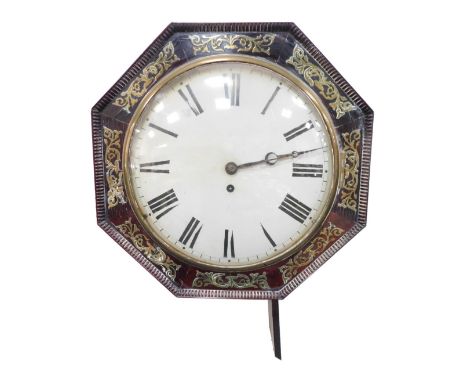 An early 19thC brass inlaid rosewood wall clock, with nulled octagonal bezel, painted convex dial with Roman numerals, single