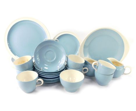 A Wedgwood part tea service in the Summer Sky pattern, comprising seven cups, three saucers, two milk jugs, sugar bowl, five 