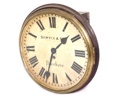 A 19thC wall clock, by SAWYER &amp; SON of Peterboro' , with a painted Roman numeric dial, and brass outer border, single fus