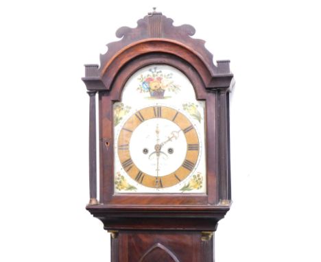 A George III mahogany longcase clock, with swan pediment top, with painted Roman numeric dial, and eight day movement, 210cm 