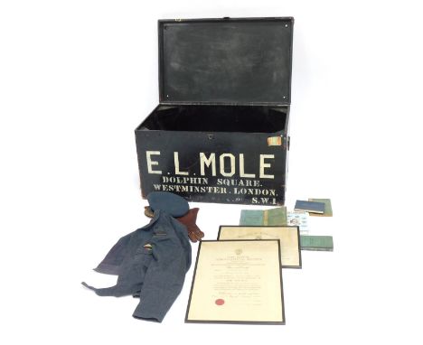A painted pine travel or campaign trunk marked for E L Mole, Dolphin Square, Westminster, London SW1, contents being the flyi