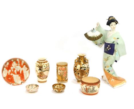 Japanese ceramics, comprising three Satsuma ware vases, a saucer, cup, modern figure of a Geisha, 39cm high. (AF)