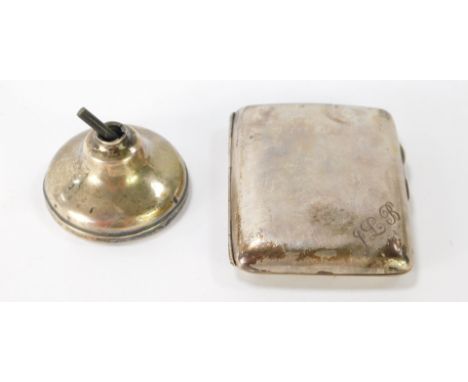 A George V silver cigarette case, and a weighted silver trophy base, and a card case of plain design bearing the initials J L