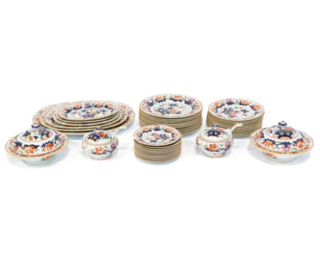 A Booths Lotus pattern part dinner service, comprising set of six graduated meat plates, two large tureens and lids, two smal