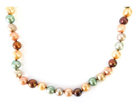A cultured pearl necklace, with varying coloured beads pink, brown, green and orange on a string strand, with yellow metal cl