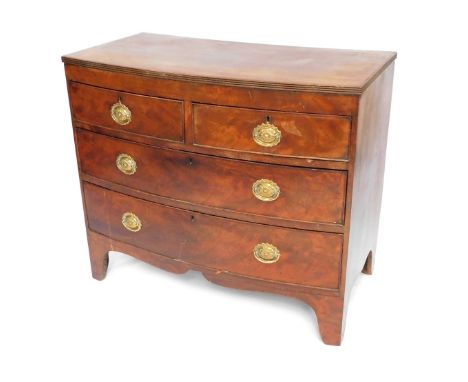 A 19thC mahogany bowfront chest, of two short and two long drawers, on bracket feet, 55cm high, 100cm wide, 50cm deep.
