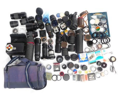 Camera and optics equipment, to include photography bag and lens cases, a Mya Opteka 72mm lens, a Minolta 70-210 lens, a Sigm