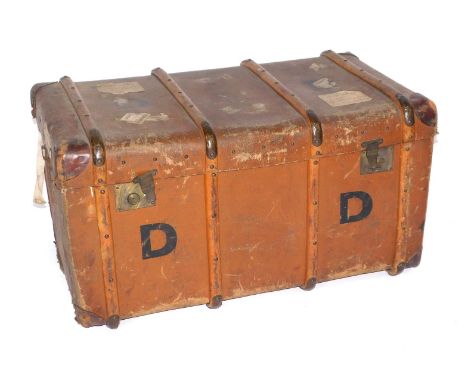 A early 20thC copper and wooden bound travel trunk, with labels for Peterborough, Skegness, etc., marked DD, 50cm high, 90cm 