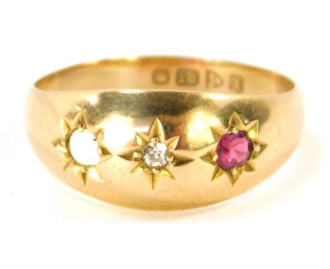 An 18ct gold Gypsy ring, with three illusion set stones (one missing), comprising a ruby and diamond, size R ½, 3g all in.