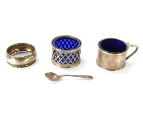 Silver and silver plated wares, comprising silver plated salt pot with blue glass liner, silver plated mustard with blue glas