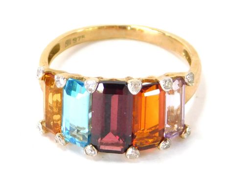 A 9ct gold five stone dress ring, set with five semi precious stones, yellow, light blue, red, orange and purple, with outer 