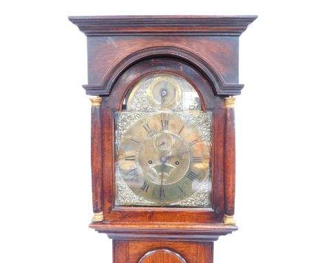 A George III longcase clock, with inset pillared hood, full length moulded trunk door and plain base, the square arch dial ha