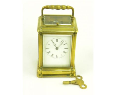 A FRENCH BRASS CARRIAGE CLOCK, THE MOVEMENT ENGRAVED ON THE BACKPLATE HENRY BELL PARIS,  STRIKING ON A COILED WIRE GONG ORIGI