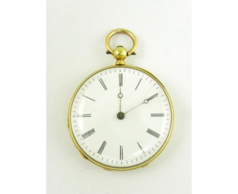 A CONTINENTAL GOLD CYLINDER FOB WATCH WITH ENAMEL DIAL, 19TH CENTURY 