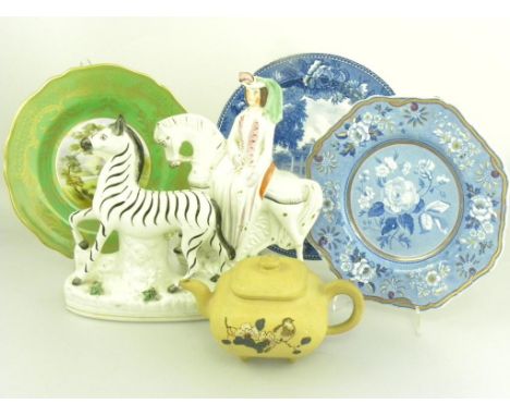 A STAFFORDSHIRE EARTHENWARE FLATBACK MODEL OF A PRINCESS, A SIMILAR MODEL OF A ZEBRA, AN YIXING STONEWARE  TEAPOT AND COVER, 