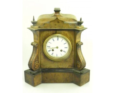 A FRENCH WALNUT AND EBONISED MANTLE CLOCK IN ARCHITECTURAL STYLE CASE, WITH ENAMEL DIAL, CIRCA 1870