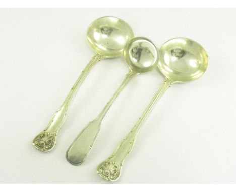 A PAIR OF VICTORIAN SILVER SAUCE LADLES, KING'S HUSK PATTERN, LONDON 1844 AND A SCOTTISH WILLIAM IV SILVER TODDY LADLE, GLASG