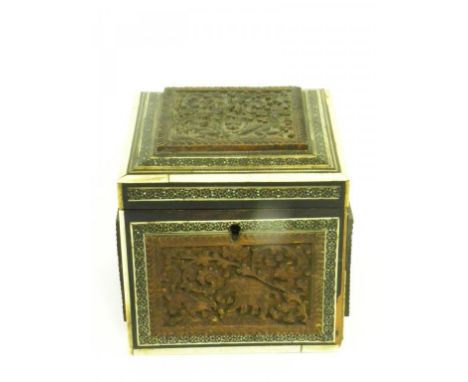 AN ANGLO INDIAN CARVED SANDALWOOD, IVORY AND SADELI CUBE SHAPED TEA CADDY, 19TH CENTURY