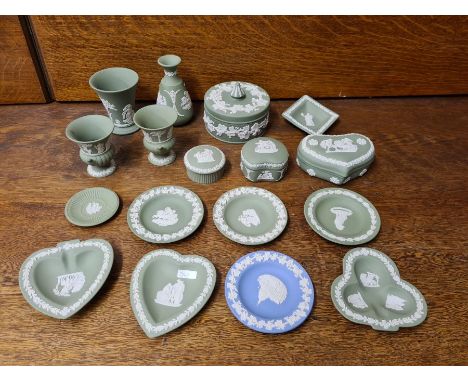 17 pieces Wedgwood Jasperwares including trinket boxes, pin dishes, small vases.