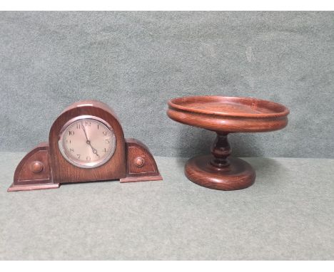 1930's oak mantle clock and turned oak fruit bowl.