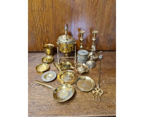 Vintage brassware to include spirit kettle, WWII shell base dishes, Victorian candlesticks, etc.