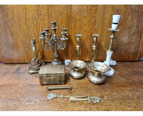 Cast brass candelabra, candlesticks, spittoons, lamps, tea caddy, Salter spring scales, etc.