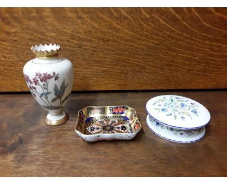 Small Royal Crown Derby Imari pattern pin dish, Royal Worcester crown top small vase and a Mintons Haddon Hall lidded trinket