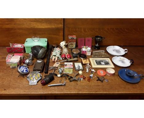 Motoring and other collectables to include RAC and AA badges, vintage lights and bulbs, enamel ware, toys and novelties, Wade