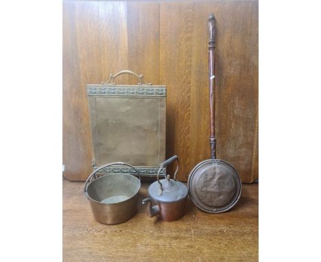 Victorian copper kettle and warming pan, brass preserve pan and an Edwardian hammered brass fire screen.