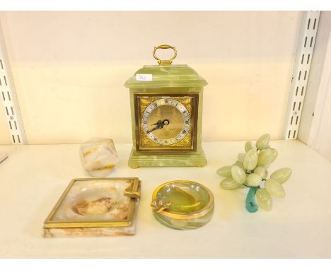 Mappin &amp; Webb Eliot mantle clock in green onyx with similar ashtray, pin dish and ornaments.