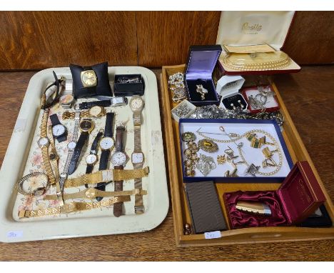 2 trays ladies and gents wristwatches, costume jewellery, Zippo lighter, etc to include Pierpont automatic watch and large si