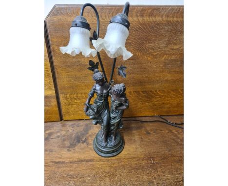 Modern bronzed metal figural lamp of 2 young flower picking girls, standing 25" tall.
