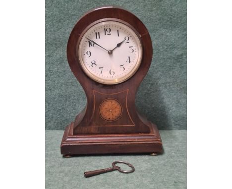 Edwardian mahogany inlaid balloon shaped mantle clock 22cm tall.