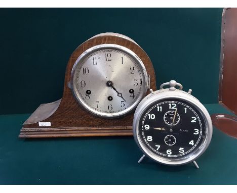Vintage Wakey Wakey alarm clock and an oak cased Napoleon chiming mantle clock (missing bezel glass).