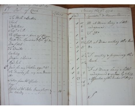 MONKHOUSE JOHN.  Day Book for the Year 1774. Neat manuscript pocket book containing details of financial transactions. Conten