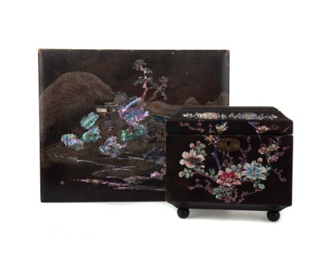 20TH CENTURY CHINESE LACQUERED GAMES/JEWELLERY BOX, the rectangular box inlaid with mother of pearl mountainous and architect