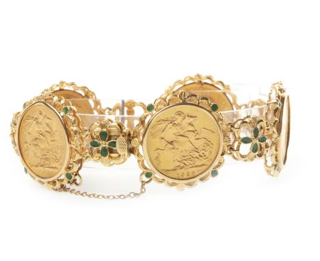 GOLD SOVEREIGN SET BRACELET, set with five gold sovereigns dated 1911 (2), 1913 (2) and 1928, with green enamel floral motif 