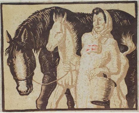 An Art Deco style print of a woman with horse and foal, 3/10, 14 x 17 cm, a cartoon with a man and moustache, ink and wash, a