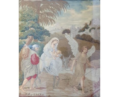 A 19th century silkwood panel, Mary, Joseph, Jesus and donkey being led by an angel, 44 x 38 cm 