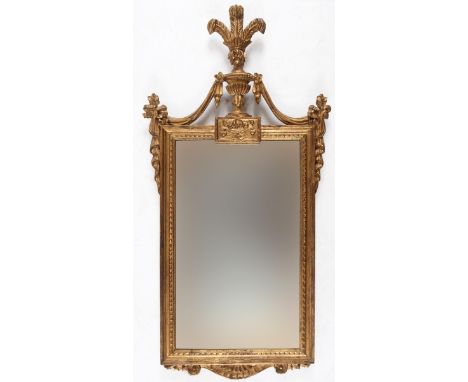 A 20th century carved giltwood wall mirror, with an urn finial,&nbsp;123 x 61 cm