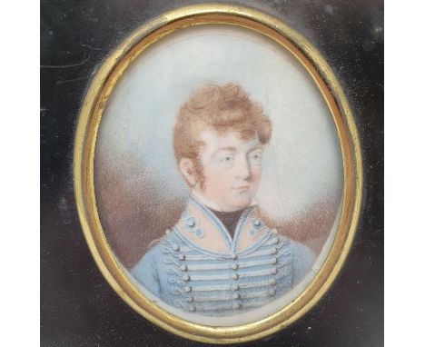 A 19th century portrait miniature, George Macenzie, of the 25th Light Dragoons, 8 x 6 cm, in ebonised frame, label versoCrack